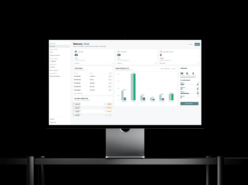 Altrovia clinical trial intelligence dashboard mockup on a Studio Display