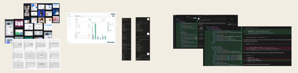 Process montage: exploration thumbnails and wireframes, dashboard UI, and Cursor editor with code and diffs