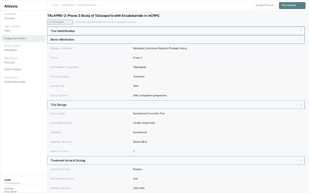 Design parameters for TALAPRO-2 with AI-extracted badge and expandable protocol sections