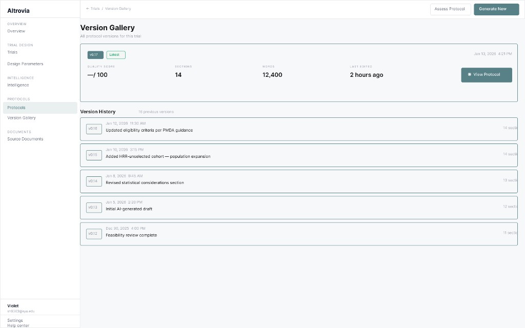 Version gallery with latest draft card and chronological protocol history