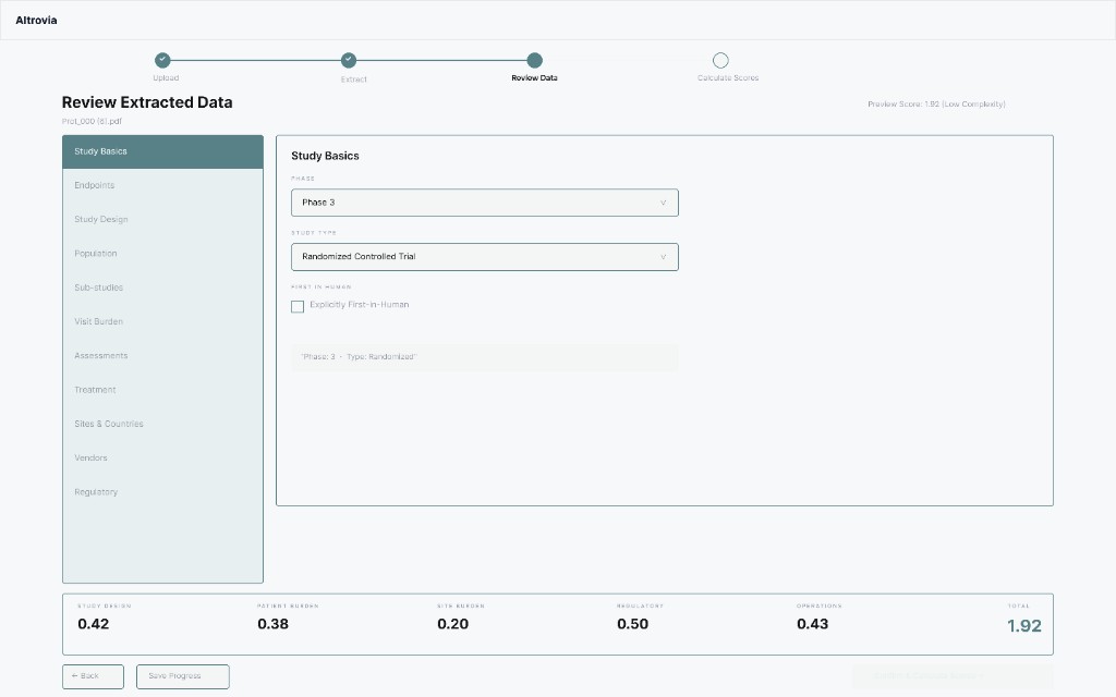 Review extracted data step: study basics form and live complexity score footer