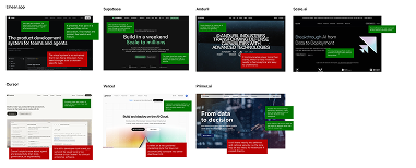 Annotated references: Linear, Supabase, Anduril, Scale.ai, Bunker, Vercel, and Palantir AI landing heroes with notes