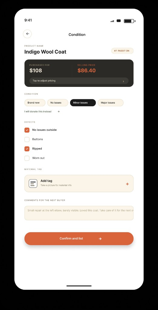 PASSIT ON high-fidelity condition screen with purchase price, suggested resale, and defect checklist
