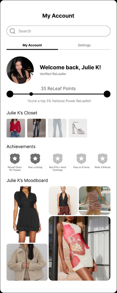 User profile with achievements and moodboard