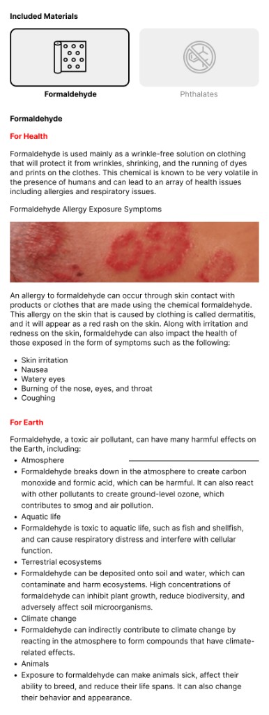 Material information detail view showing chemical impacts