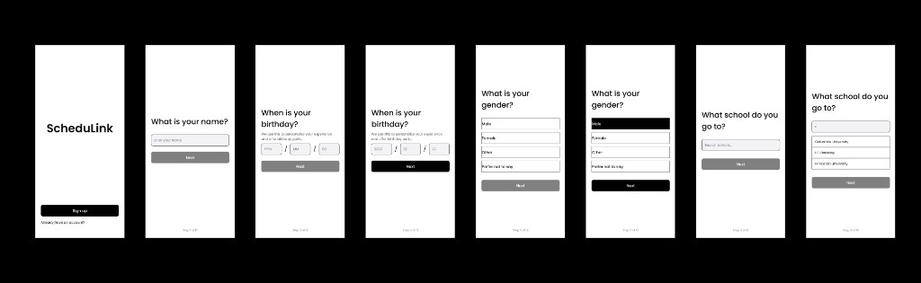 ScheduLink onboarding wireframes showing sign up, name, birthday, gender, and school selection screens