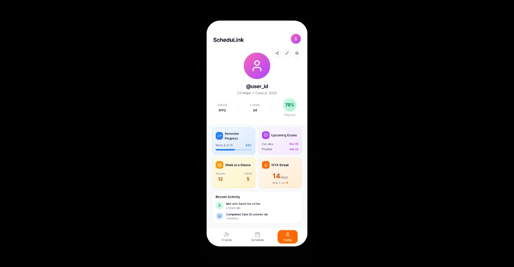 ScheduLink profile page showing user stats and academic rhythm