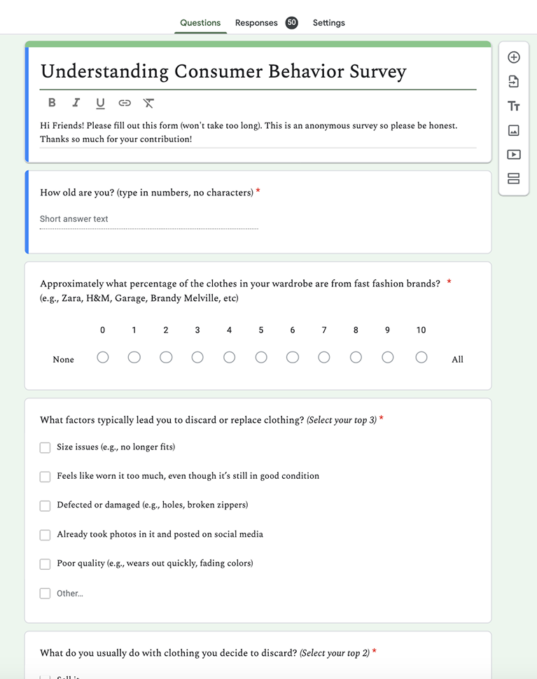 Google Forms survey interface